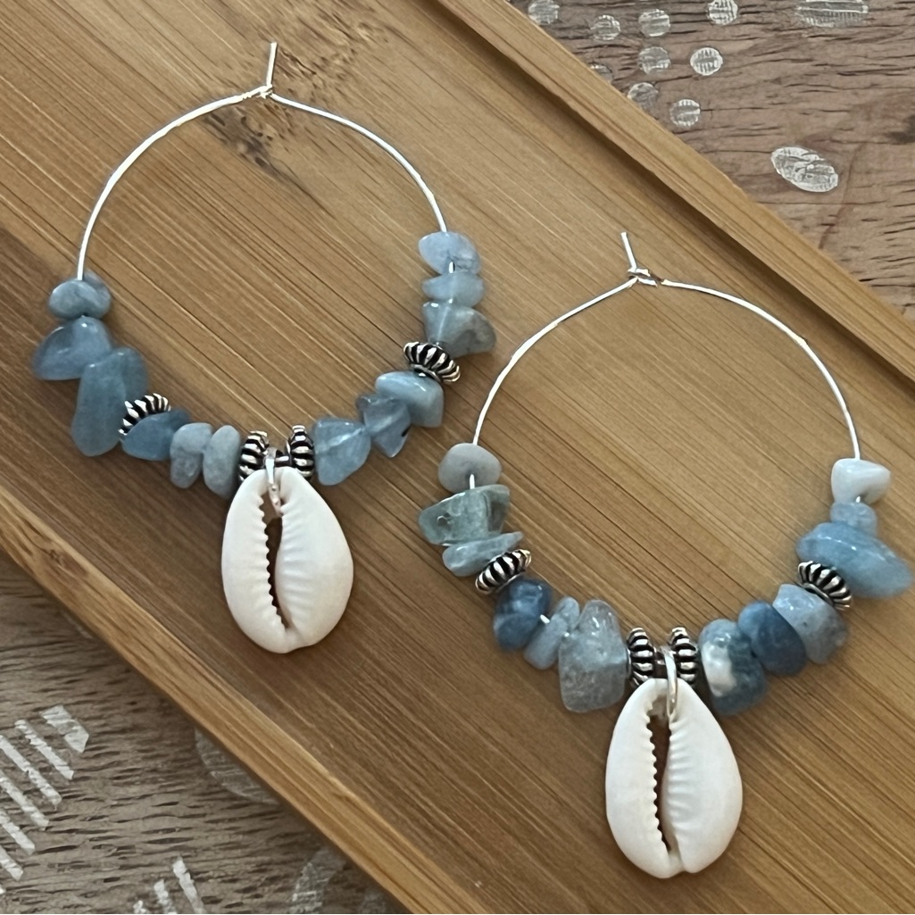New Sparkly Aquamarine & Cowrie Shell Silver Tone Stainless Steel Hoop Earrings